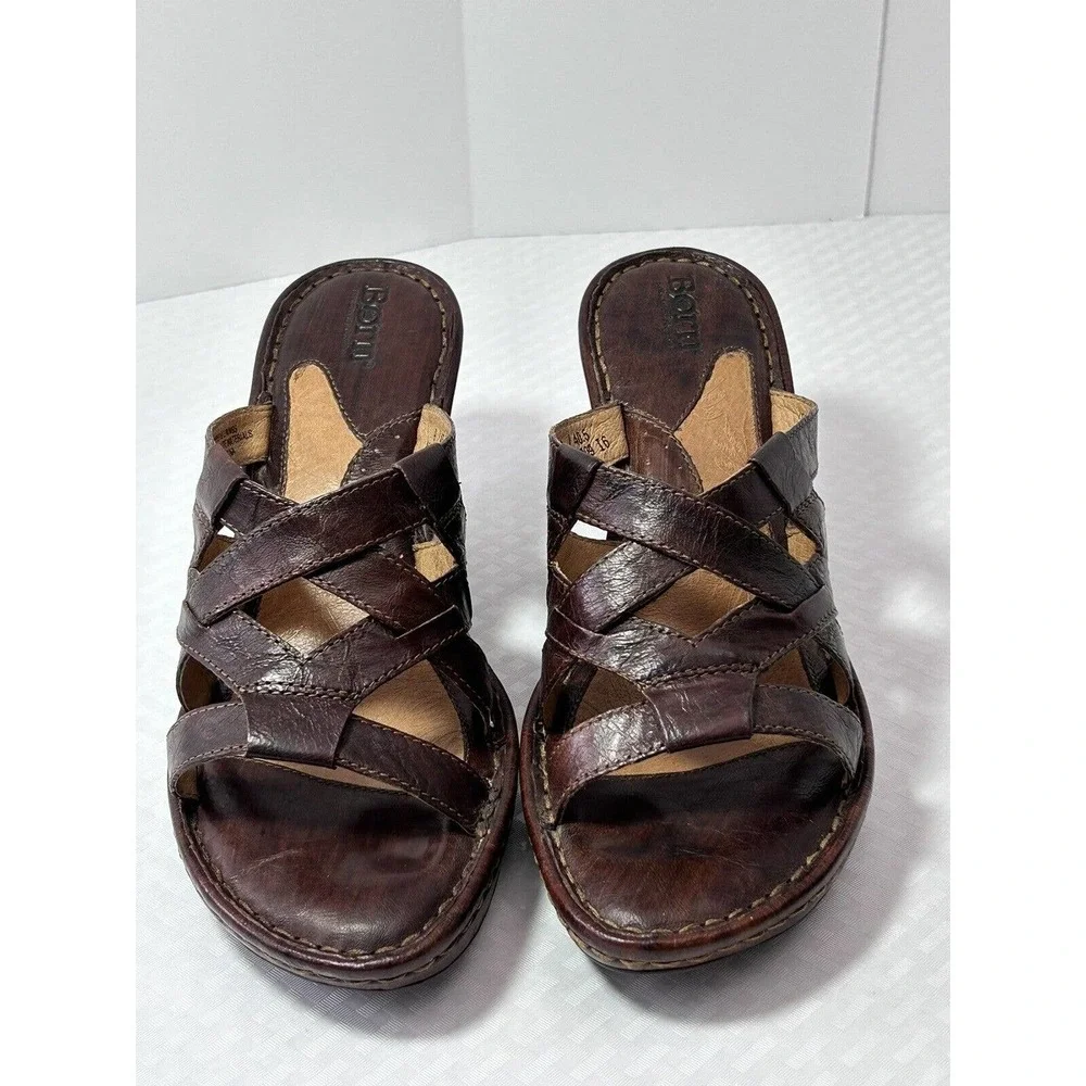 Born Womens Brown‎ Leather Wedge Sandals Shoes W6309 US Size 9 M/W EUR 40.5